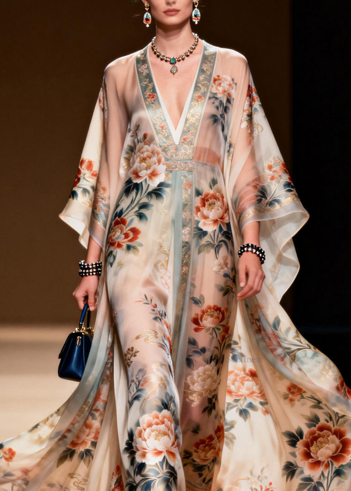 Classy V Neck Print Chiffon Long Dress Spring