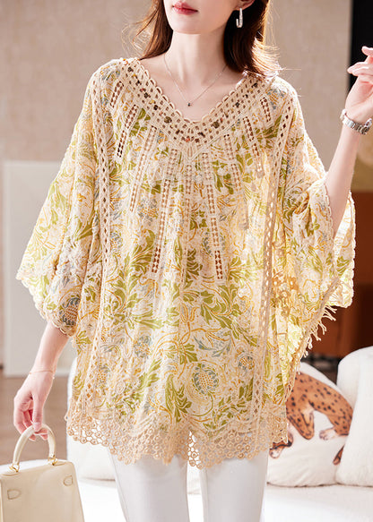 Classy V Neck Print Hollow Out Cotton Tops Batwing Sleeve