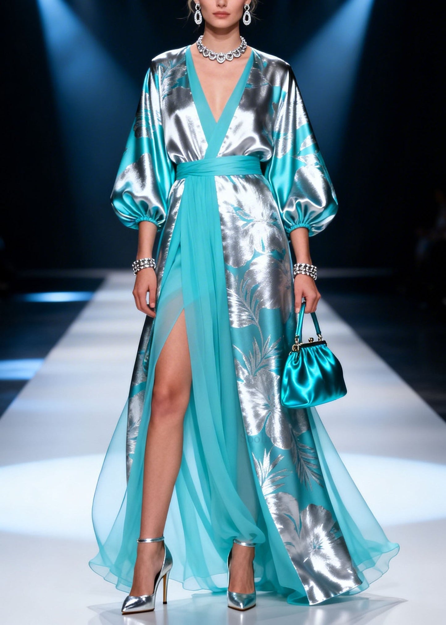 Classy V Neck Print Patchwork Chiffon Ankle Dress Summer