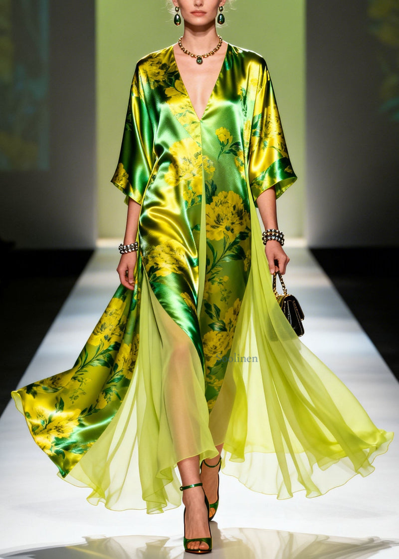 Classy V Neck Print Patchwork Silk Maxi Dresses Summer