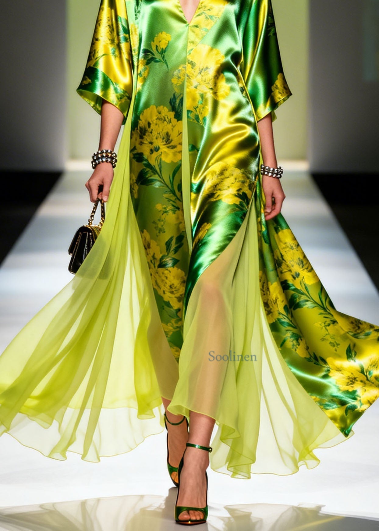 Classy V Neck Print Patchwork Silk Maxi Dresses Summer