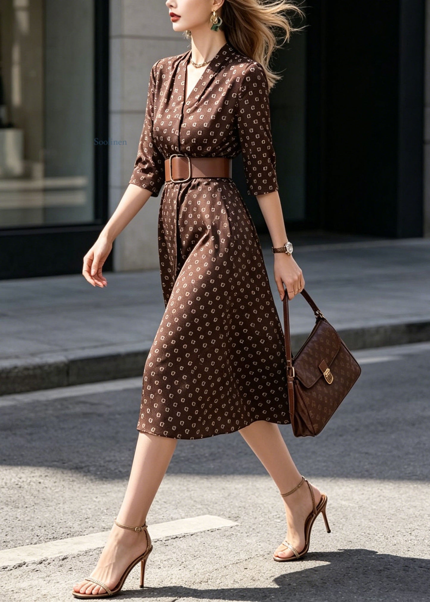 Classy V Neck Print Sashes Silk Long Dress Summer