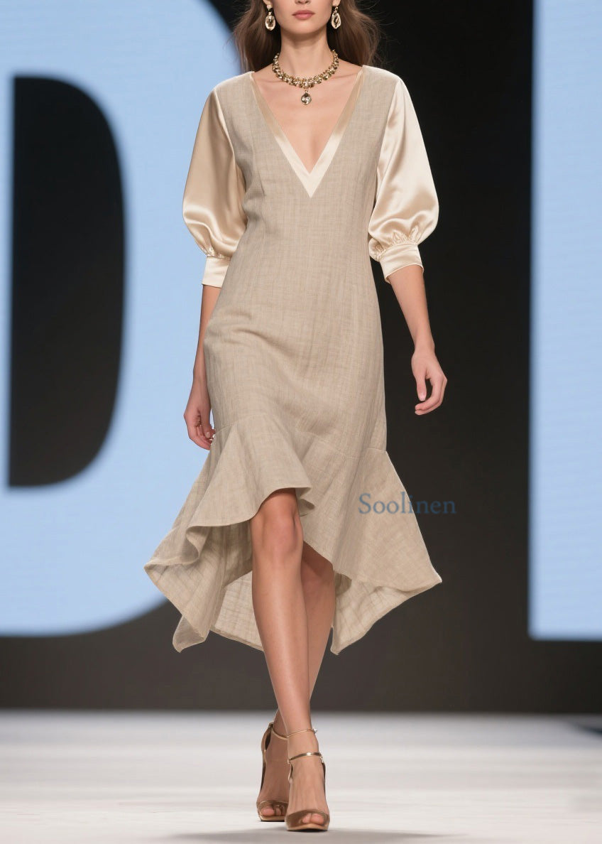 Classy V Neck Ruffled Patchwork Linen Silk Dress Summer