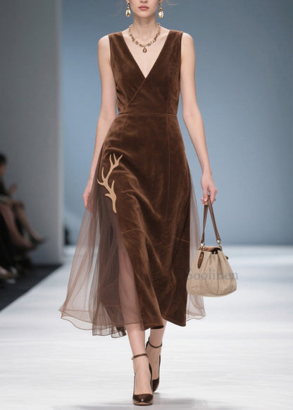 Classy V Neck Tulle Patchwork Velvet Dress Sleeveless