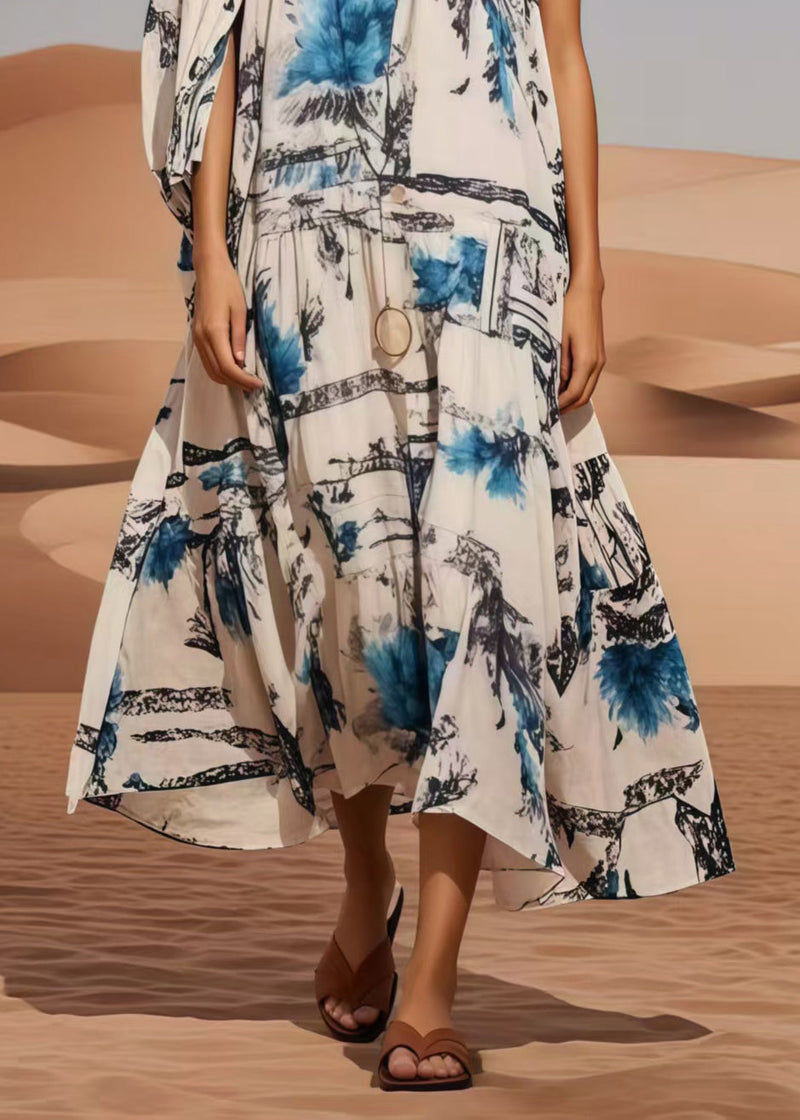 Classy White Asymmetrical Print Chiffon Maxi Dresses Summer
