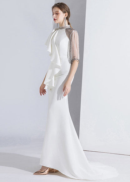 Classy White Asymmetrical Tulle Patchwork Slim Fishtail Maxi Dress Summer