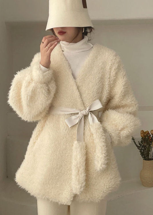Classy White Cinched Thick Faux Fur Winter Coat