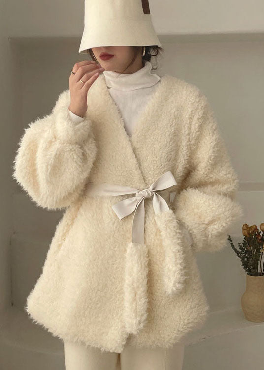 Classy White Cinched Thick Faux Fur Winter Coat