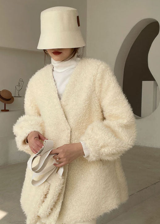 Classy White Cinched Thick Faux Fur Winter Coat