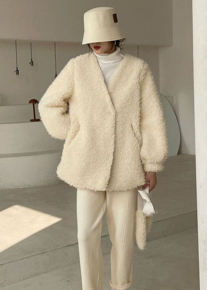Classy White Cinched Thick Faux Fur Winter Coat