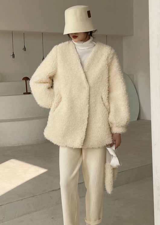 Classy White Cinched Thick Faux Fur Winter Coat