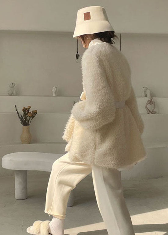 Classy White Cinched Thick Faux Fur Winter Coat