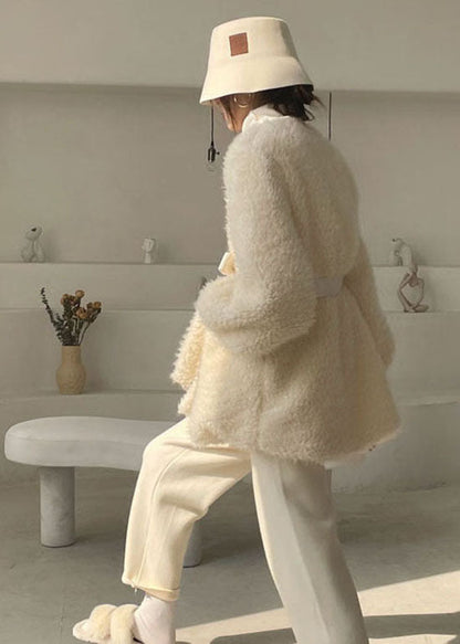 Classy White Cinched Thick Faux Fur Winter Coat