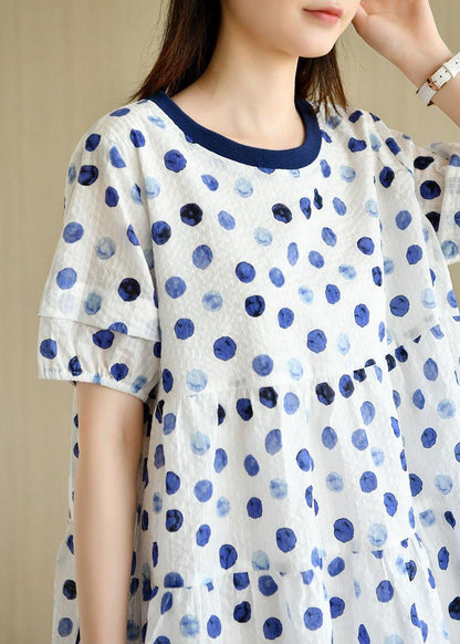 Classy White Dot Print Summer Cotton Dress Short Sleeve