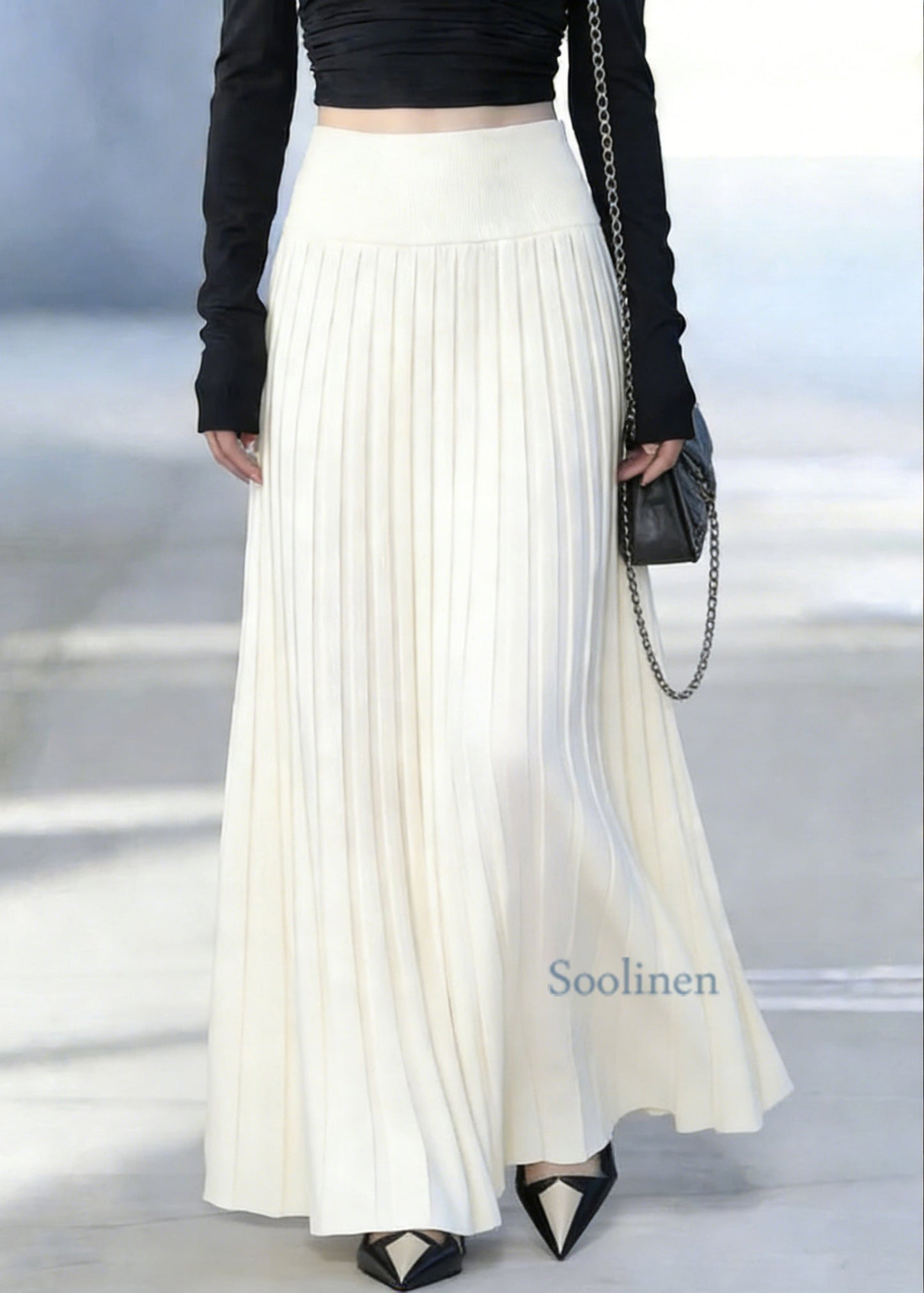 Classy White Elastic Waist Silk Knit Maxi Skirt