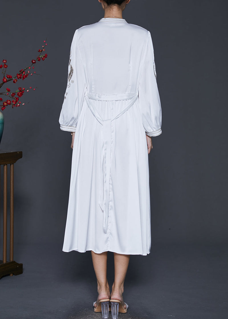 Classy White Embroidered Exra Large Hem Silk Long Dress Spring