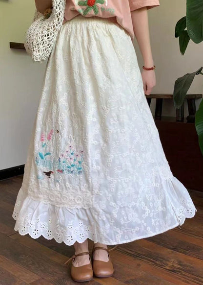 Classy White Embroideried Elastic Waist Cotton Skirt Summer
