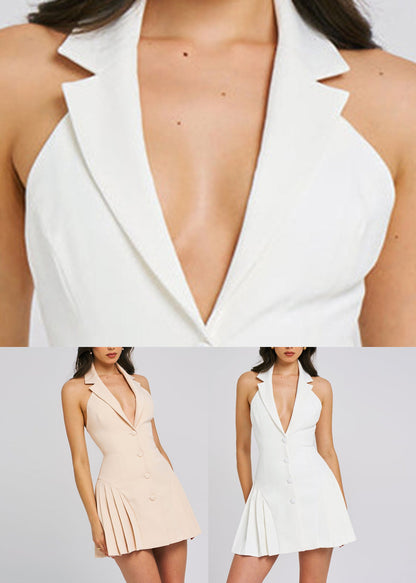 Classy White Notched Patchwork Mid Dresses Summer