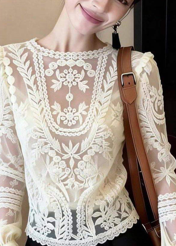 Classy White O-Neck Hollow Out Lace Shirt Spring