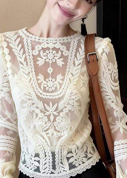 Classy White O-Neck Hollow Out Lace Shirt Spring
