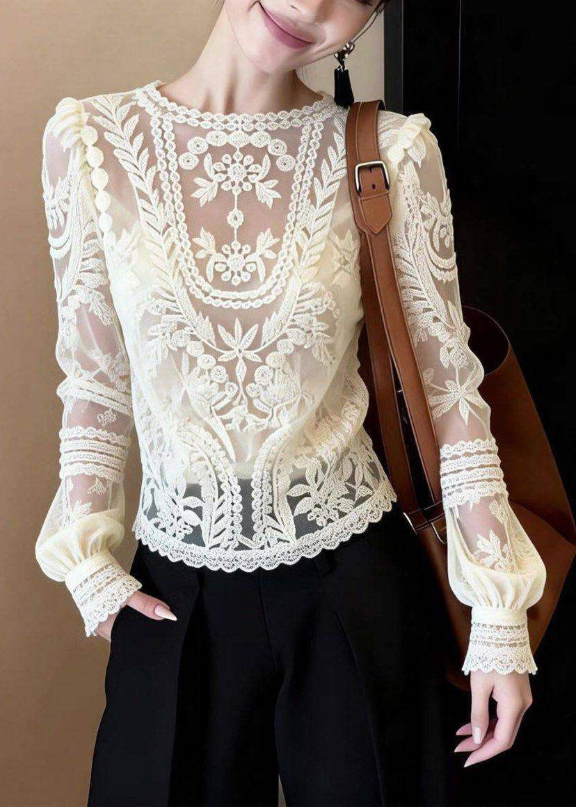 Classy White O-Neck Hollow Out Lace Shirt Spring