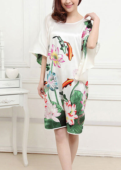 Classy White O-neck Lotus Mid Dress Summer Pajamas