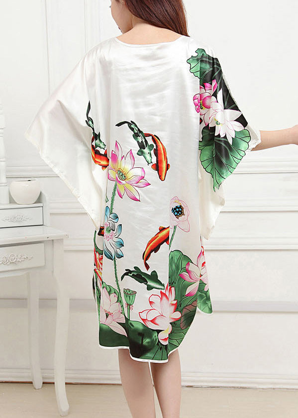 Classy White O-neck Lotus Mid Dress Summer Pajamas