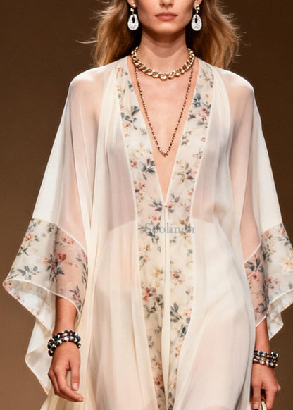 Classy White Oversized Patchwork Print Chiffon Holiday Dress Summer