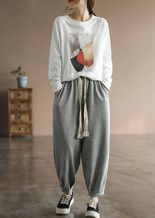 Classy White Oversized Print Cotton Pullover Fall