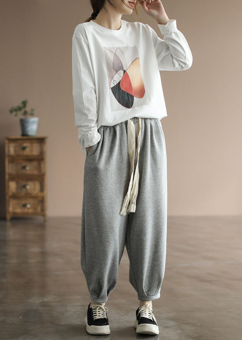 Classy White Oversized Print Cotton Pullover Fall