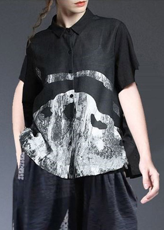 Classy White Peter Pan Collar Print Buttoncotton Blend Top and Harem Pants Two Pieces Set Summer