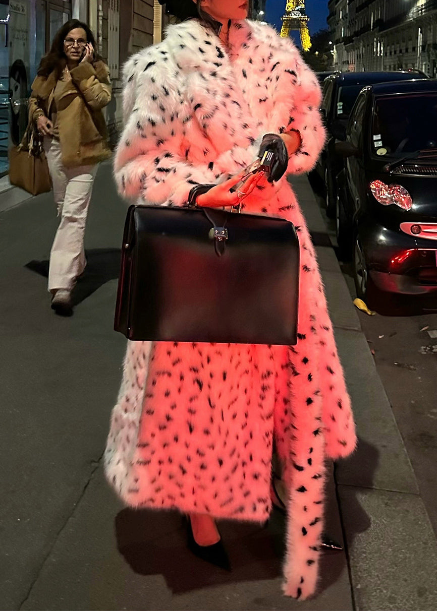 Classy White Peter Pan Collar Print Tie Waist Leather and Fur Long Coats Winter