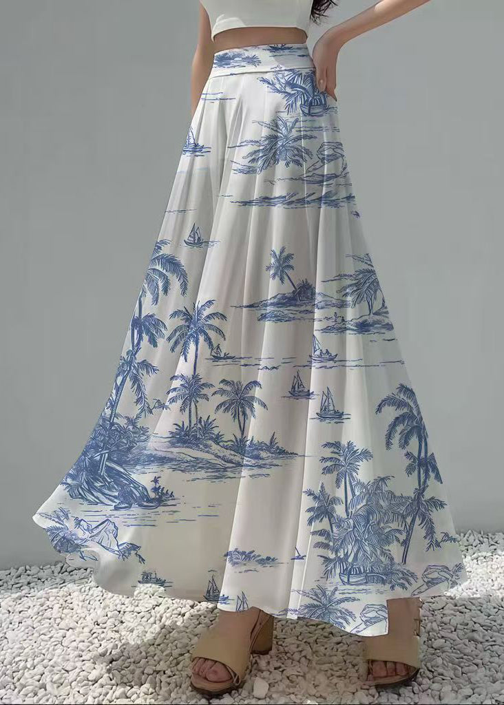 Classy White Print Draping Chiffon Holiday Skirts Summer
