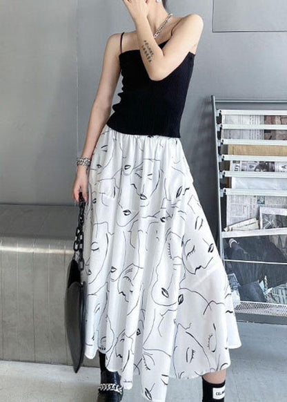 Classy White Print Elastic Waist a Line Skirts Chiffon Summer
