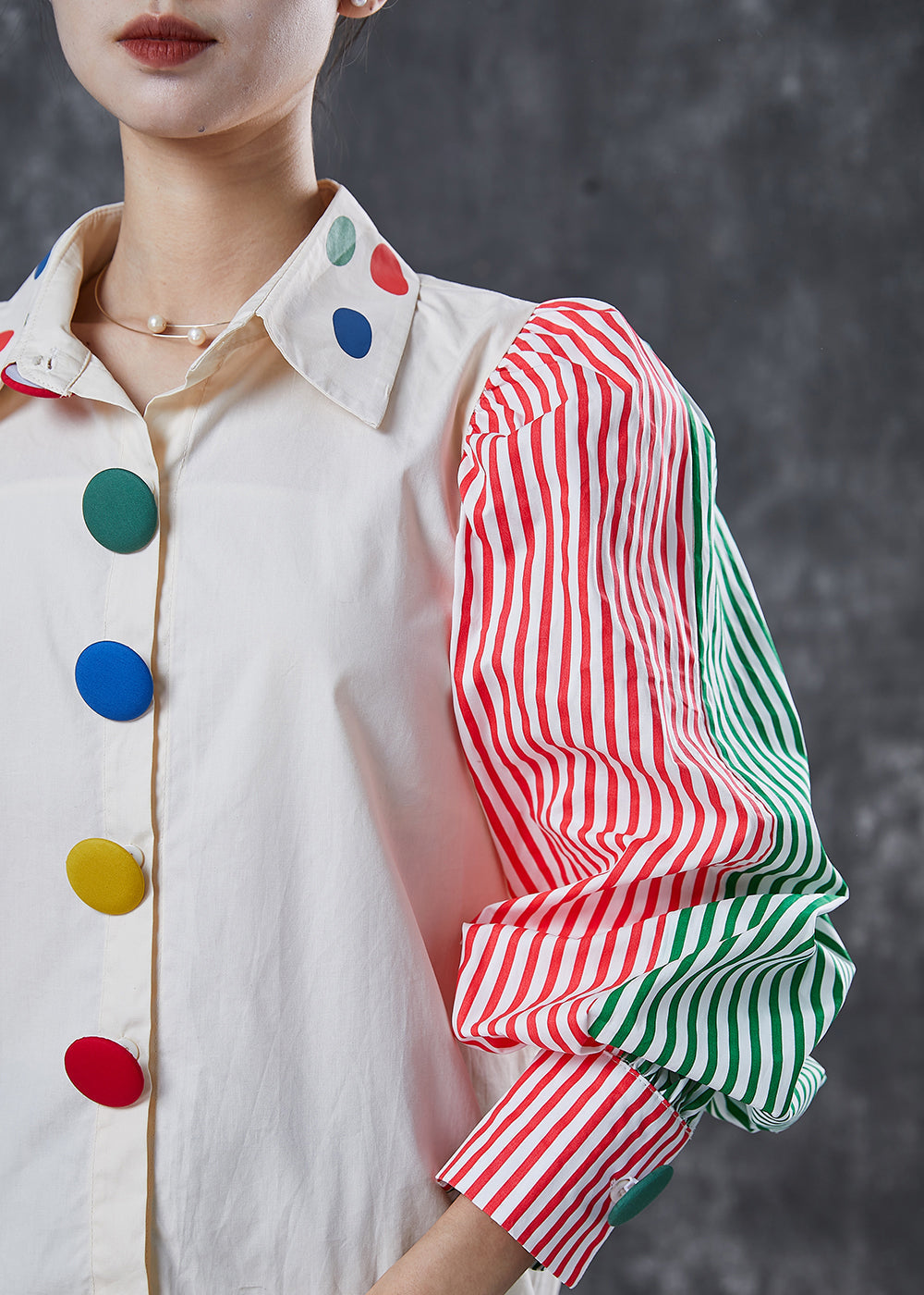 Classy White Puff Sleeve Patchwork Striped Cotton Blouses Spring