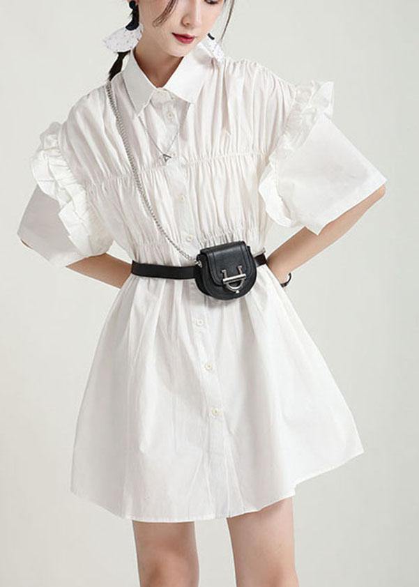 Classy White Ruffled Cinched Summer Asymmetrical Design Half Sleeve Dress