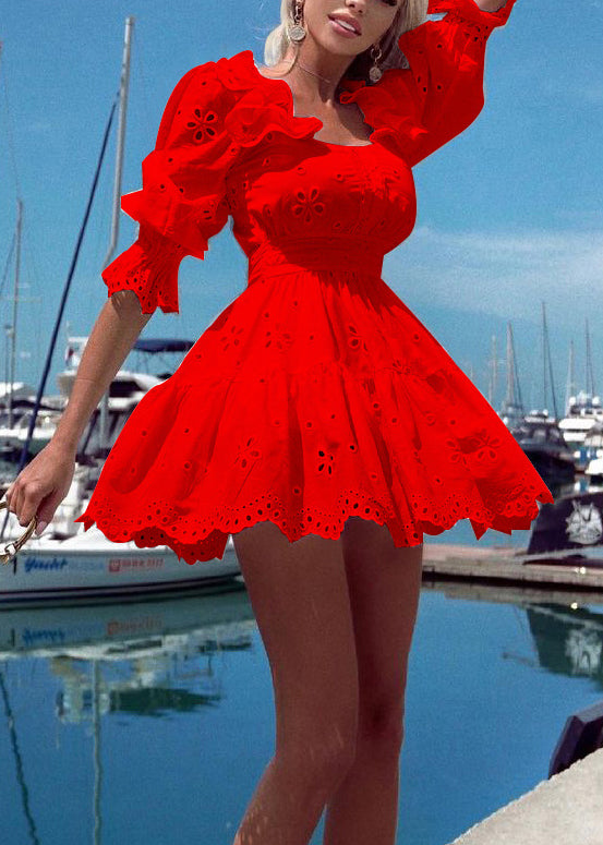 Classy White Ruffled Hollow Out Cotton Mini Dresses Half Sleeve