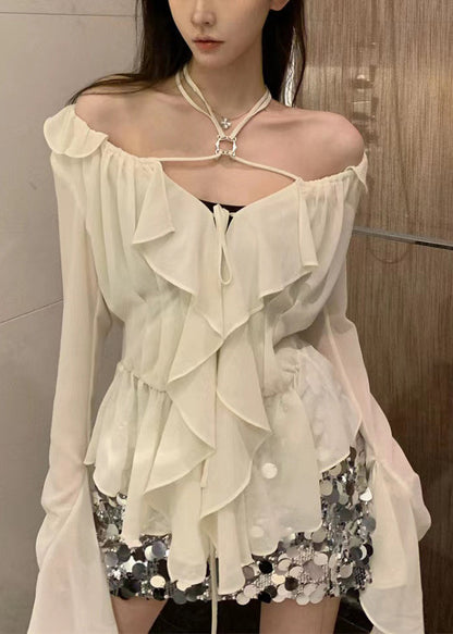 Classy White Ruffled Lace Up Chiffon Shirt Long Sleeve