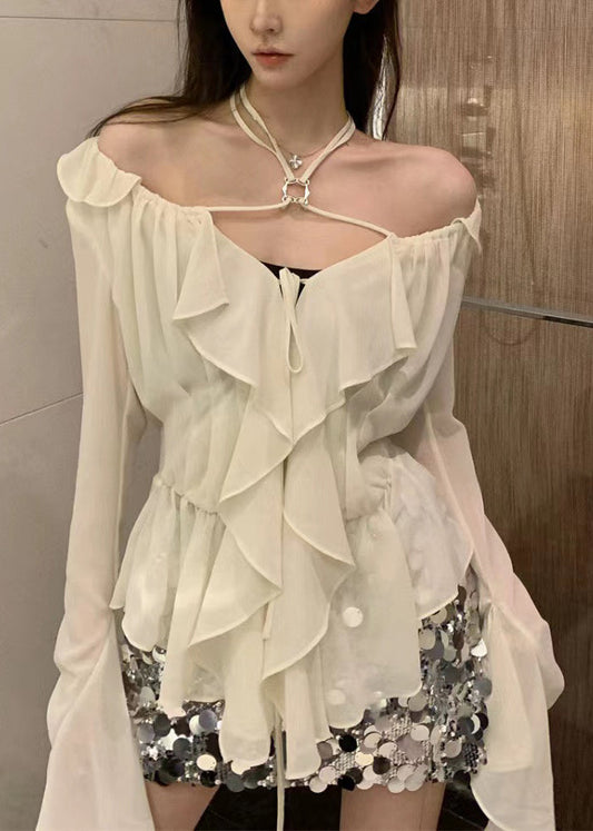 Classy White Ruffled Lace Up Chiffon Shirt Long Sleeve