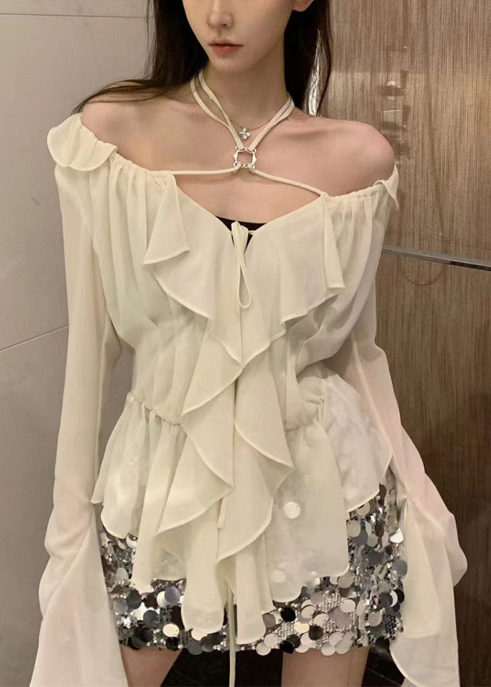 Classy White Ruffled Lace Up Chiffon Shirt Long Sleeve