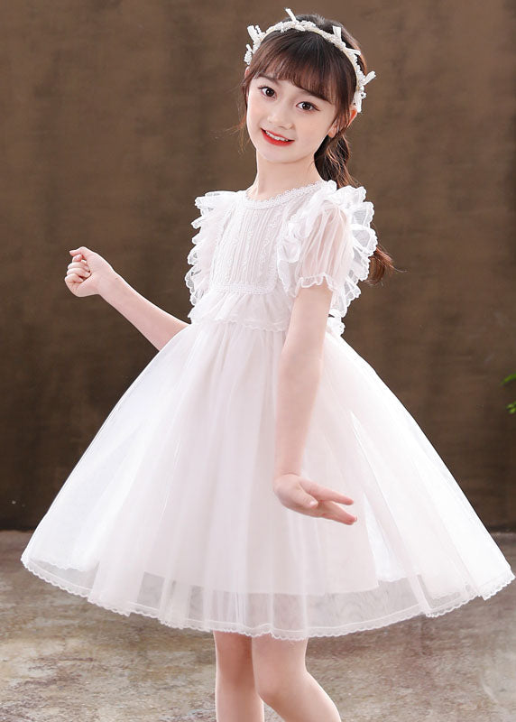 Classy White Ruffled Patchwork Tulle Kids Dresses Summer