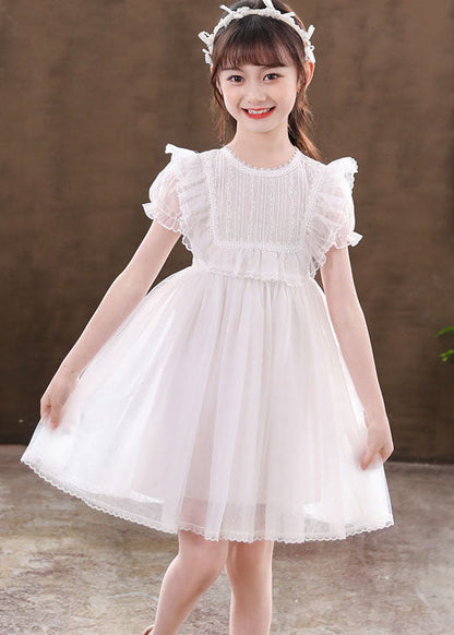 Classy White Ruffled Patchwork Tulle Kids Dresses Summer
