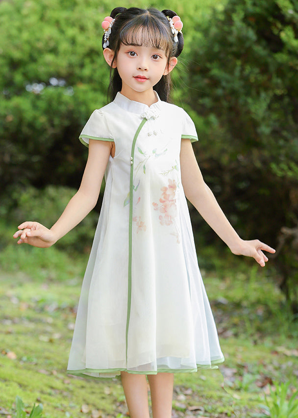 Classy White Stand Collar Print Tulle Maxi Dresses Summer