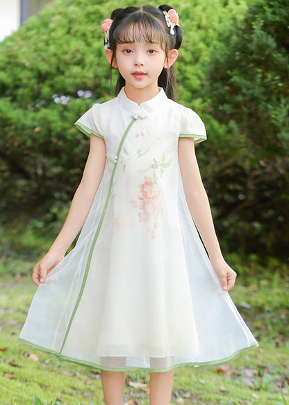 Classy White Stand Collar Print Tulle Maxi Dresses Summer