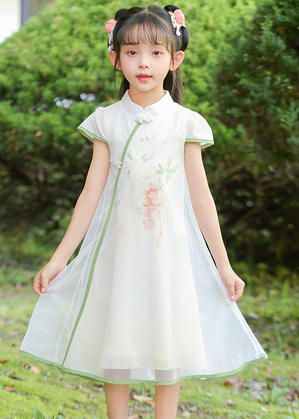 Classy White Stand Collar Print Tulle Maxi Dresses Summer