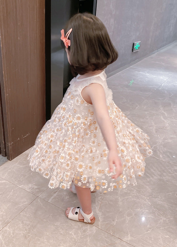 Classy White Sunflower Lace Patchwork Tulle Mid Dress Summer
