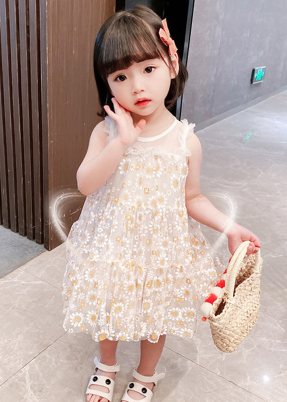 Classy White Sunflower Lace Patchwork Tulle Mid Dress Summer