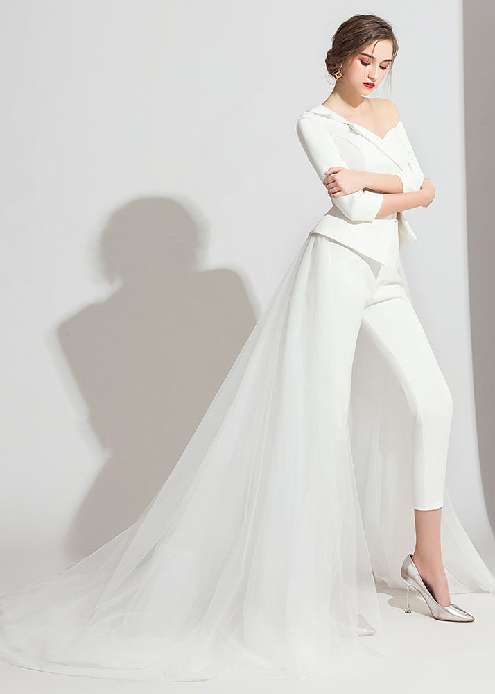 Classy White Tulle Patchwork Tops and Crop Pants Three Pieces Set Bracelet Sleeve