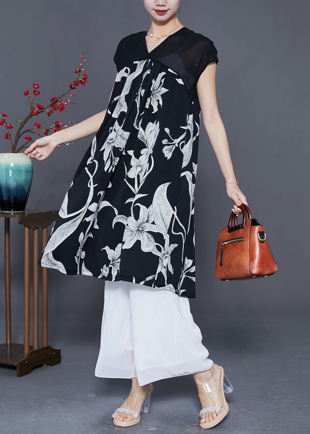 Classy White V Neck Print Chiffon a Line Dress Summer