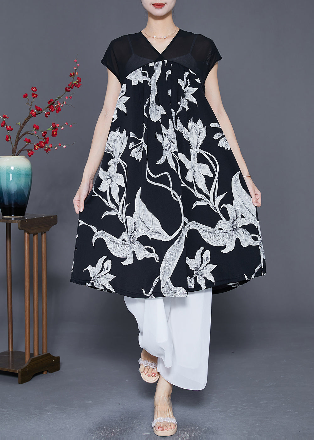 Classy White V Neck Print Chiffon a Line Dress Summer